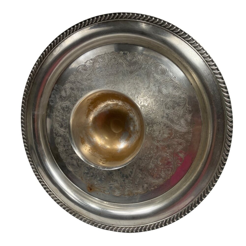 Vintage Silver Plated Serving Tray With Ornate Design & Integrated Dip Bowl C107